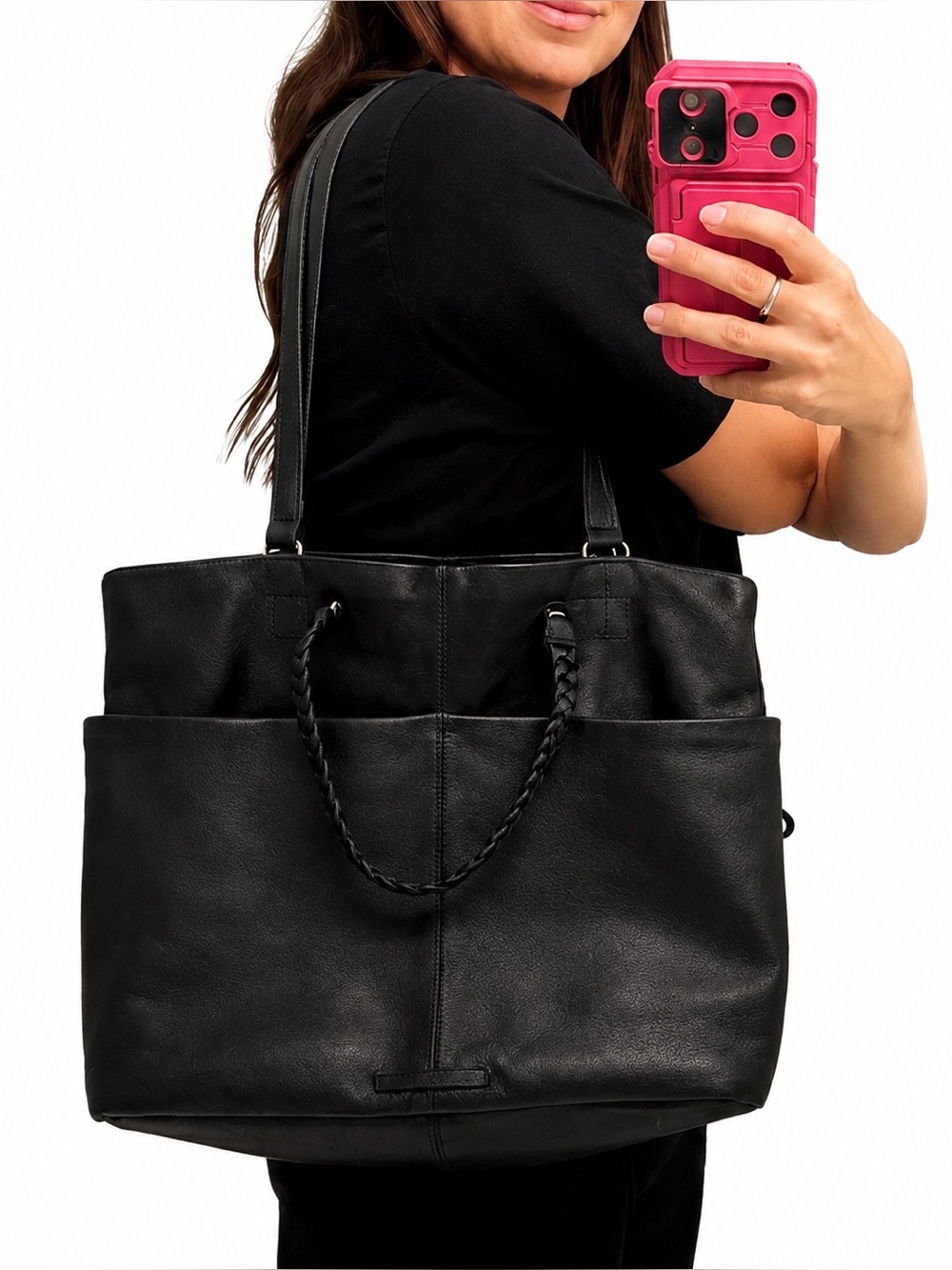 Lucky Brand Black Leather Jema Tote Bag Braided Y2K Minimalist Boho 90’s Capsule